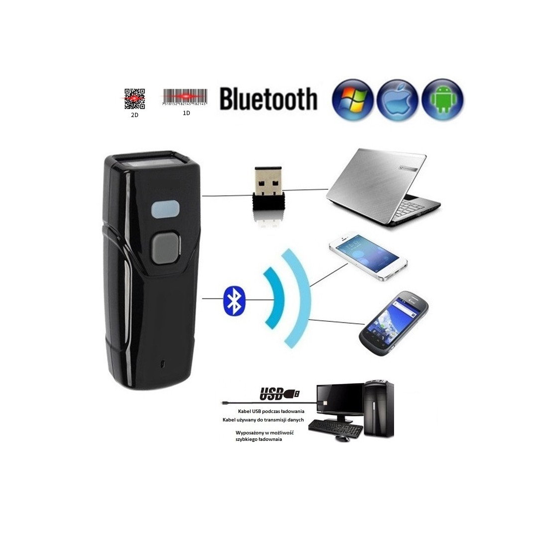 Kieszonkowy Bezprzewodowy 2.4G Bluetooth kabel mini czytnik kodów kreskowych 1D i 2D QR Aztec