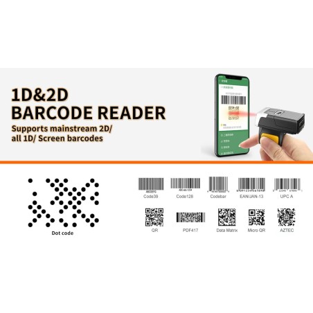 Czytnik kodów kreskowych na palec 1D 2D QR 2 z rękawicą i 2x mocne aku 600mAh BT NFC 2.4G